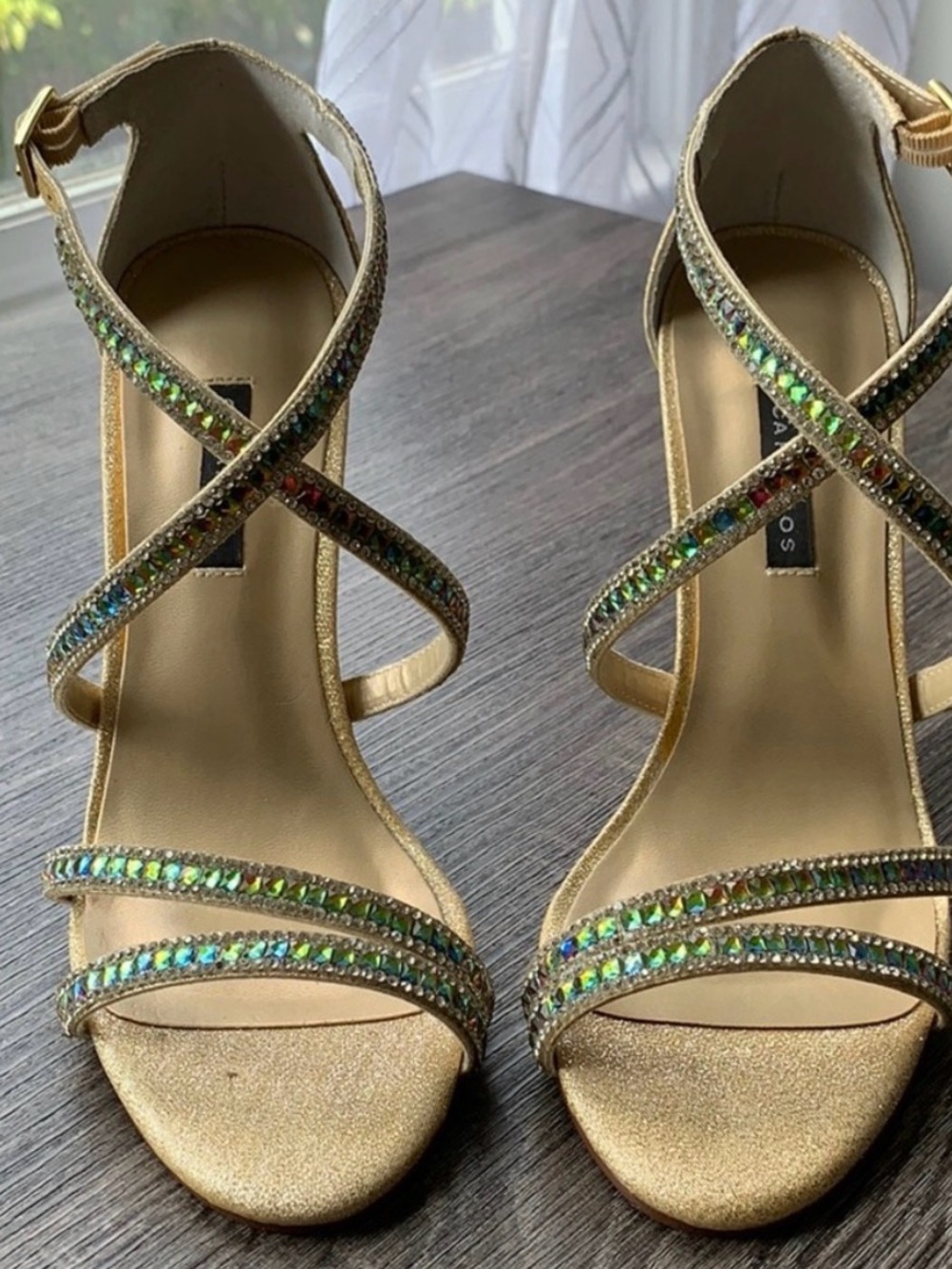Caparros Gold Strappy Heels with Iridescent Crystal Accents